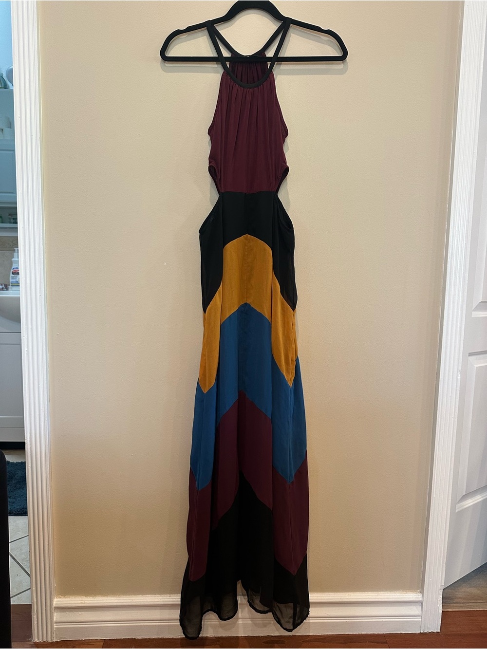 DO+BE Chevron Colorblock Maxi Dress in Burgundy, Mustard, Blue & Black